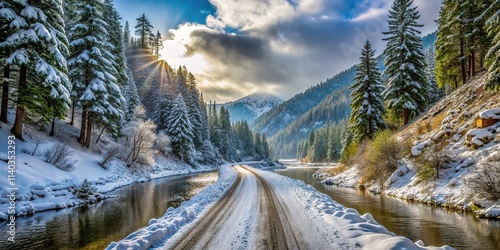 Snowy dirt road with tilted angle tracks along Upper Applegate River in Southern Oregon photo