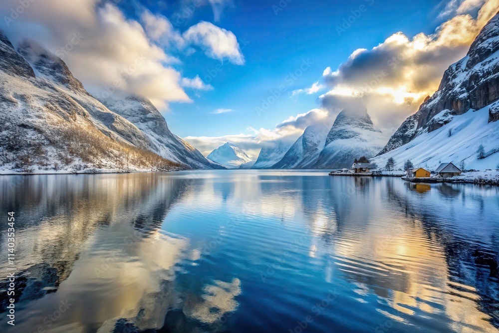 Snowy fjord landscape with soft diffused light from a low angle Snowy fjord landscape with soft diffused light from a low angle
