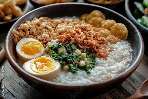 Selective focus on Cirebon chicken porridge an Indonesian dish made with rice porridge shredded chicken cakwe fried soybeans crackers leeks and egg photo