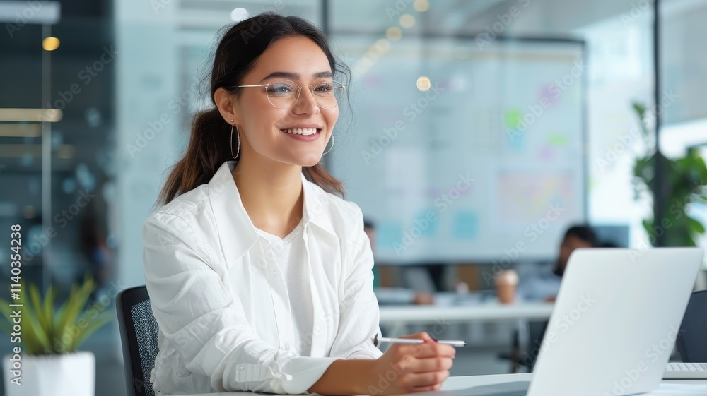 A smiling woman at a modern office desk, wearing glasses and a white jacket, engages with her laptop, surrounded by greenery and a collaborative workspace. A smiling woman at a modern office desk, wearing glasses and a white jacket, engages with her laptop, surrounded by greenery and a collaborative workspace.