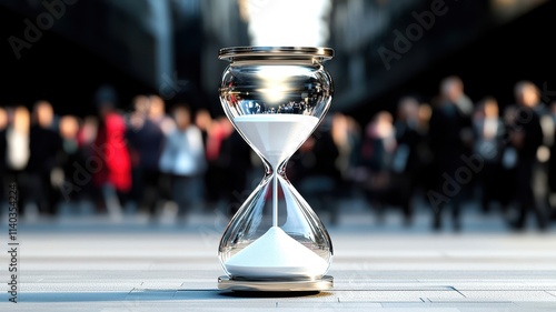 Hourglass resting in the middle of a bustling city square, blending time and urban life, symbolizing the fleeting moments in life amidst a bustling crowd in the background. photo