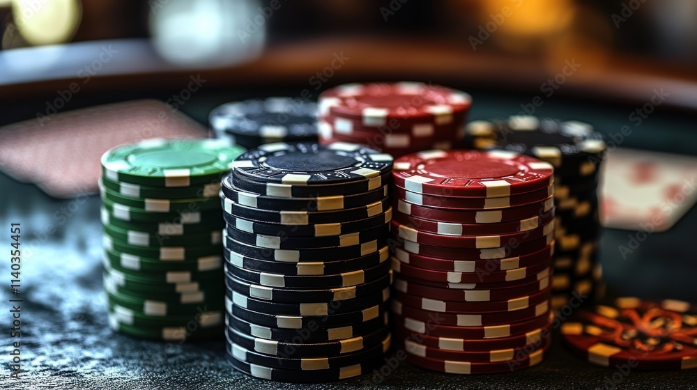 Close-up of stacks of poker chips on a casino table with playing cards. Close-up of stacks of poker chips on a casino table with playing cards.