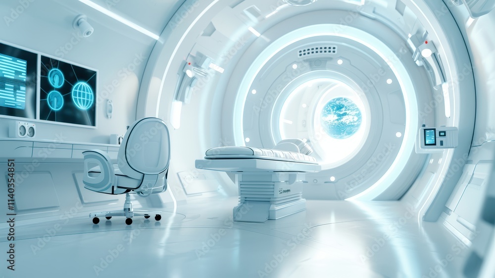 A futuristic, sterile medical room featuring advanced technology, a sleek chair, and a round window, conveying a sense of innovation and cleanliness. A futuristic, sterile medical room featuring advanced technology, a sleek chair, and a round window, conveying a sense of innovation and cleanliness.
