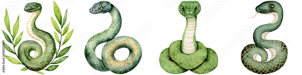 Fototapeta premium Chinese New Year tradition and harmony, Four stylized green snakes in various poses, showcasing unique designs and features, with one adorned by a laurel wreath.