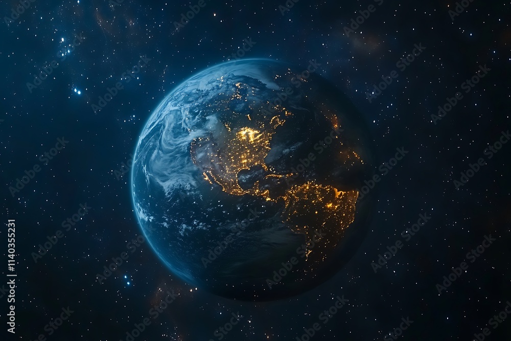 Obraz premium Night Earth Glowing City Lights from Space