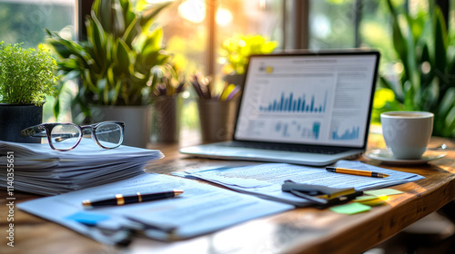 Wallpaper Mural A bright workspace features an academic desk with a laptop displaying graphs, documents stacked neatly, glasses, and a coffee cup, surrounded by green plants Torontodigital.ca