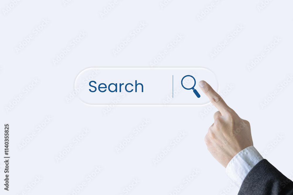 A hand pointing to a search button. The button is blue and white. The button is located on a white background A hand pointing to a search button. The button is blue and white. The button is located on a white background