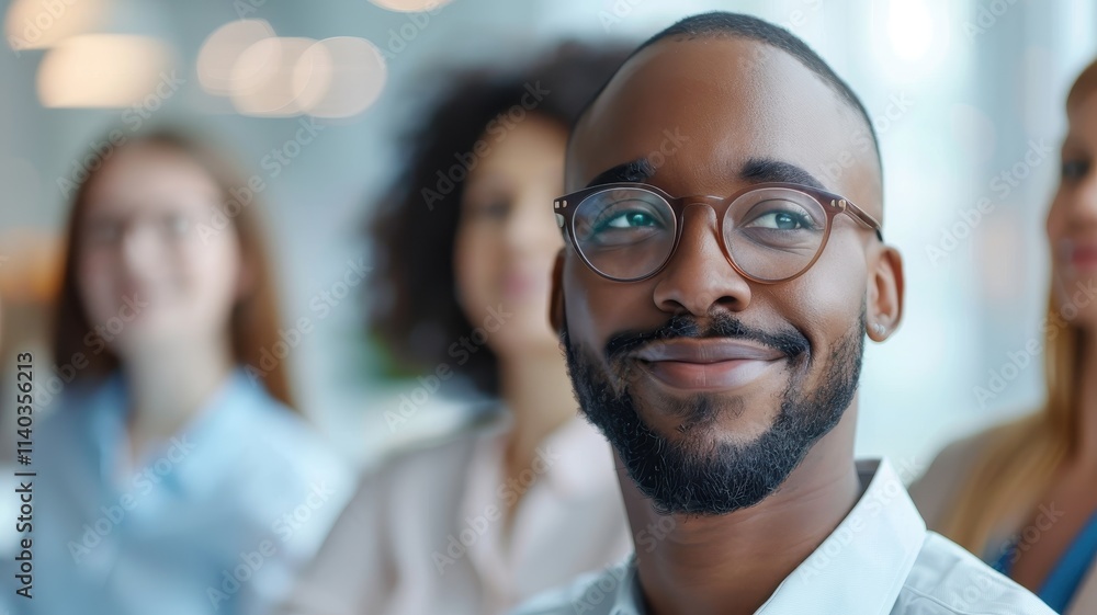 A smiling man with glasses stands in front of a diverse group, embodying confidence and engagement in a professional setting. A smiling man with glasses stands in front of a diverse group, embodying confidence and engagement in a professional setting.