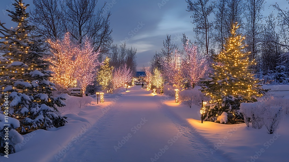Winter Wonderland With Snow-covered Trees And Christmas Lights In Distance Winter Wonderland With Snow-covered Trees And Christmas Lights In Distance