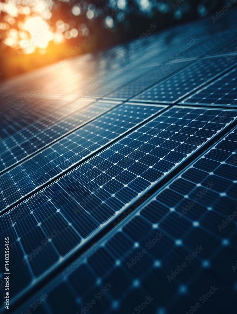 The image showcases a close-up view of solar panels, capturing the intricate patterns and reflections as sunlight sets in the background. The image showcases a close-up view of solar panels, capturing the intricate patterns and reflections as sunlight sets in the background.