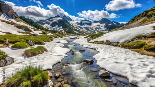 Snowy slopes in Pirin Mountains near Banderitsa stream and trek to Vihren peak photo