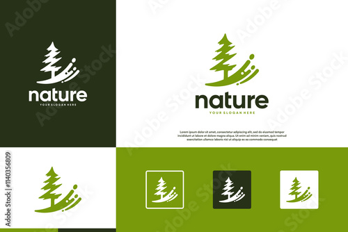 abstract pine tree logo, overlapping style, negative space, graphic design illustration.