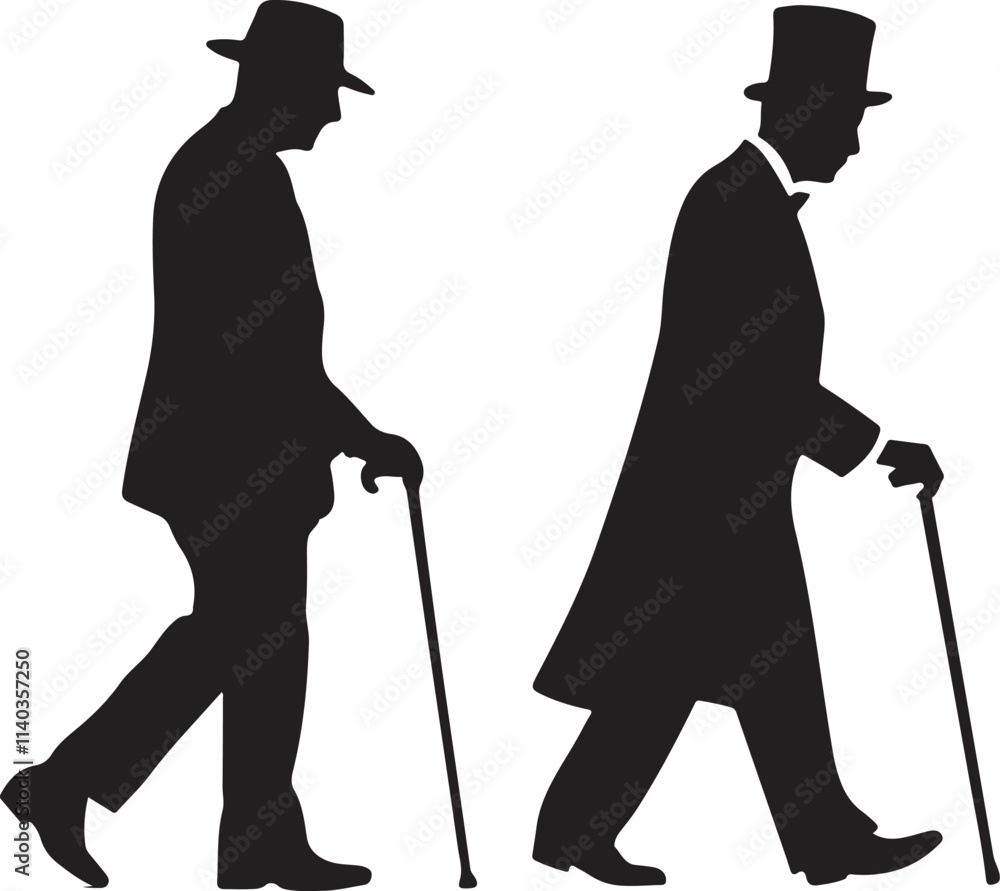 Two elderly gentlemen walking with canes, a timeless silhouette vector illustration Two elderly gentlemen walking with canes, a timeless silhouette vector illustration