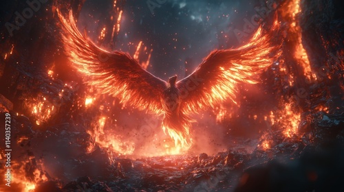 Majestic Phoenix Soaring from Flaming Embers photo