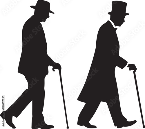 Two elderly gentlemen walking with canes, a timeless silhouette vector illustration