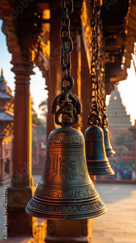 Buddhist bells hanging in warm temple like setting, radiating tranquility photo