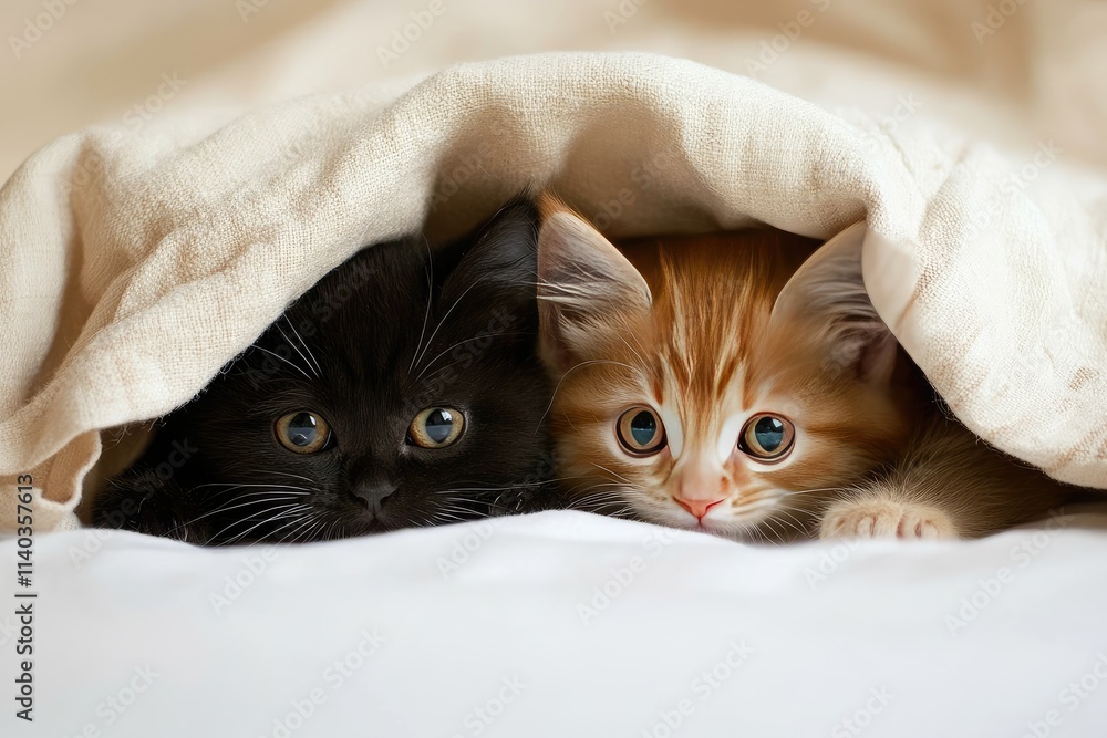 Two adorable kittens hide under a soft blanket Two adorable kittens hide under a soft blanket