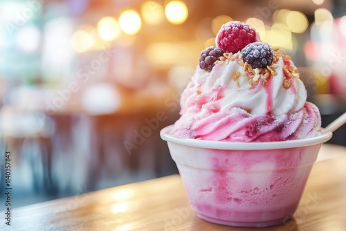 Starberry Korean shaved ice dessert on café table photo