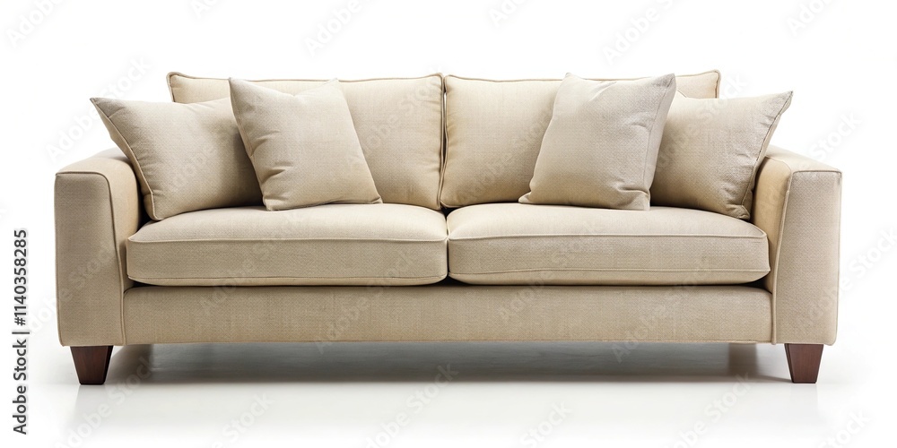 Fototapeta premium Sofa with beige cushions against plain white background