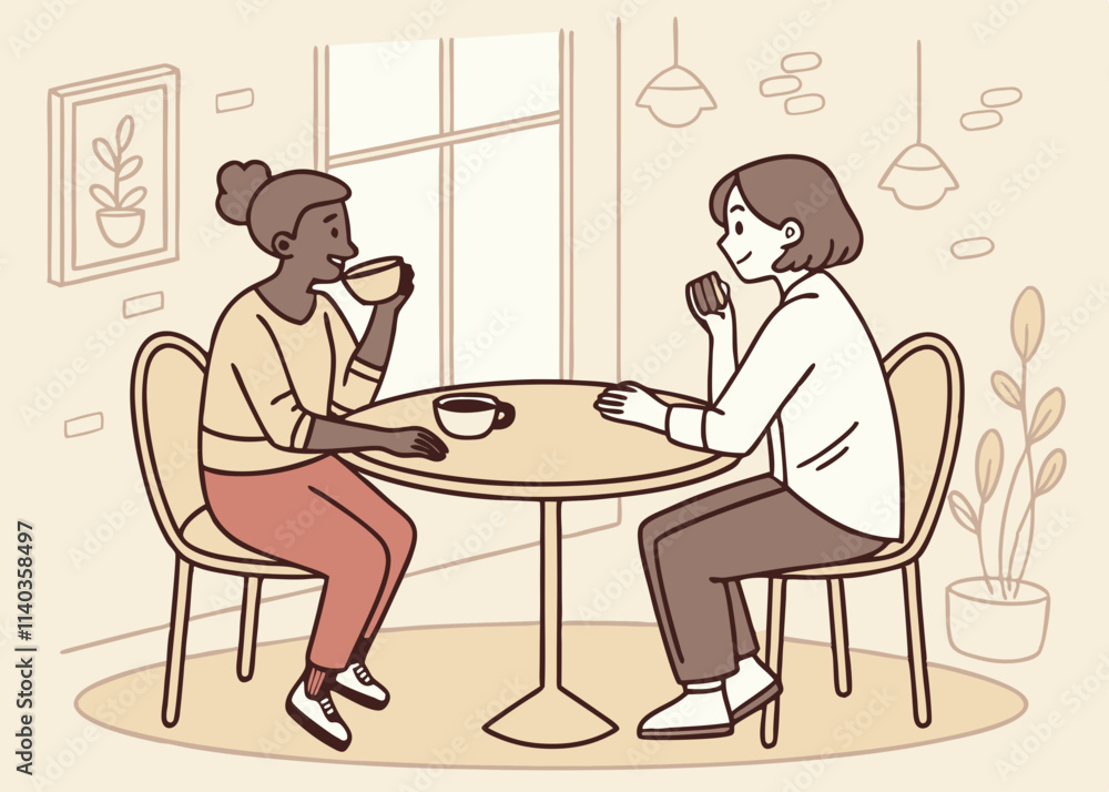 Fototapeta premium Two Friends Enjoying Coffee and Conversation in a Cozy Cafe