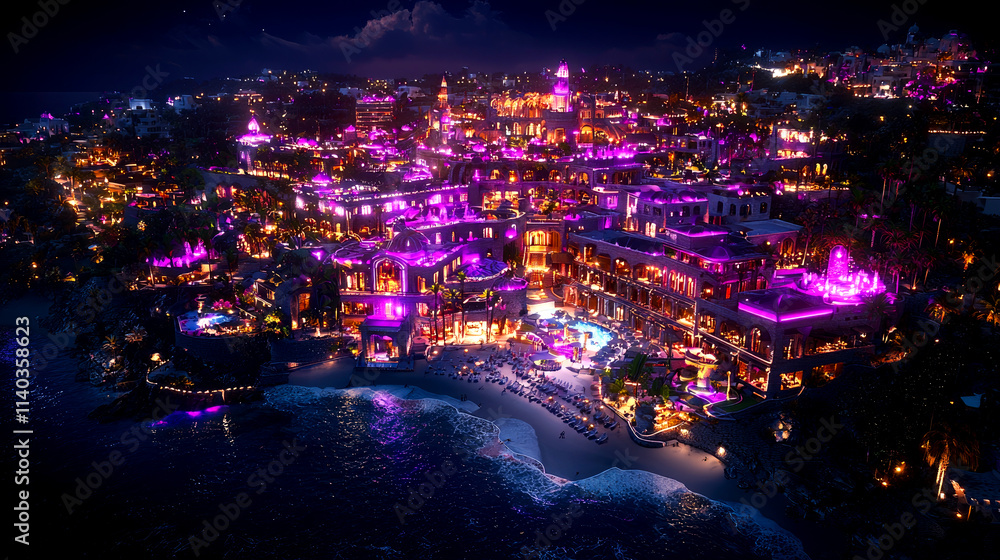 Fototapeta premium Night view of illuminated coastal town.