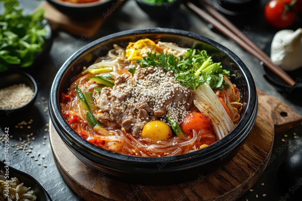Stir fried Korean glass noodles with vegetables and pork garnished with sesame traditional dish Stir fried Korean glass noodles with vegetables and pork garnished with sesame traditional dish