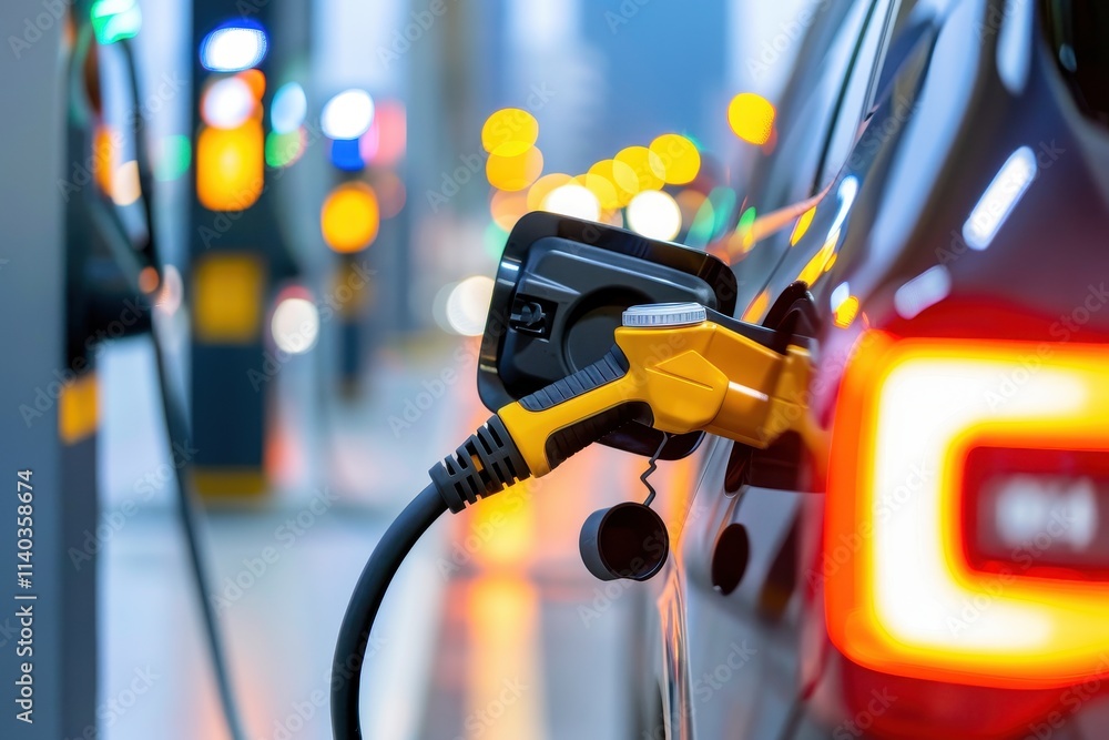 A car is being refueled with a gas pump at a brightly lit gas station, showcasing modern fueling technology. A car is being refueled with a gas pump at a brightly lit gas station, showcasing modern fueling technology.