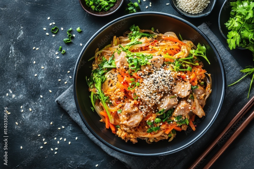 Stir fried Korean vermicelli noodles with vegetables and pork garnished with sesame Stir fried Korean vermicelli noodles with vegetables and pork garnished with sesame