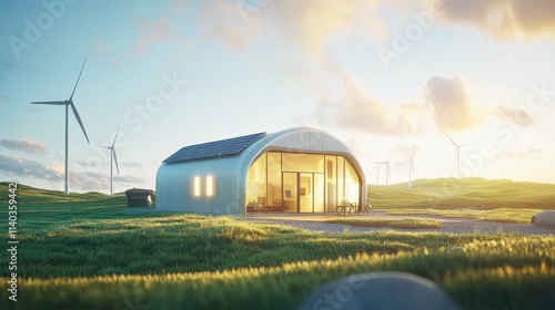 A modern eco-friendly home with solar panels and wind turbines, set against a serene landscape bathed in warm sunlight.