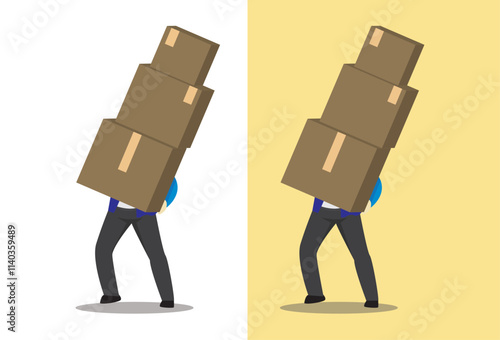 Overburdened: A flat vector illustration of a man carrying a stack of cardboard boxes, symbolizing the challenges and weight of responsibility.