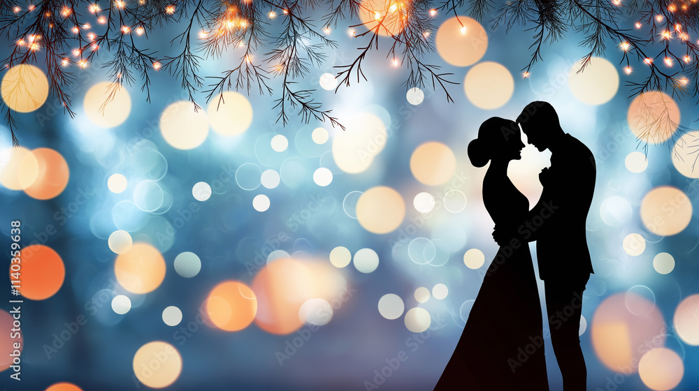 A couple dancing under fairy lights in a romantic setting.