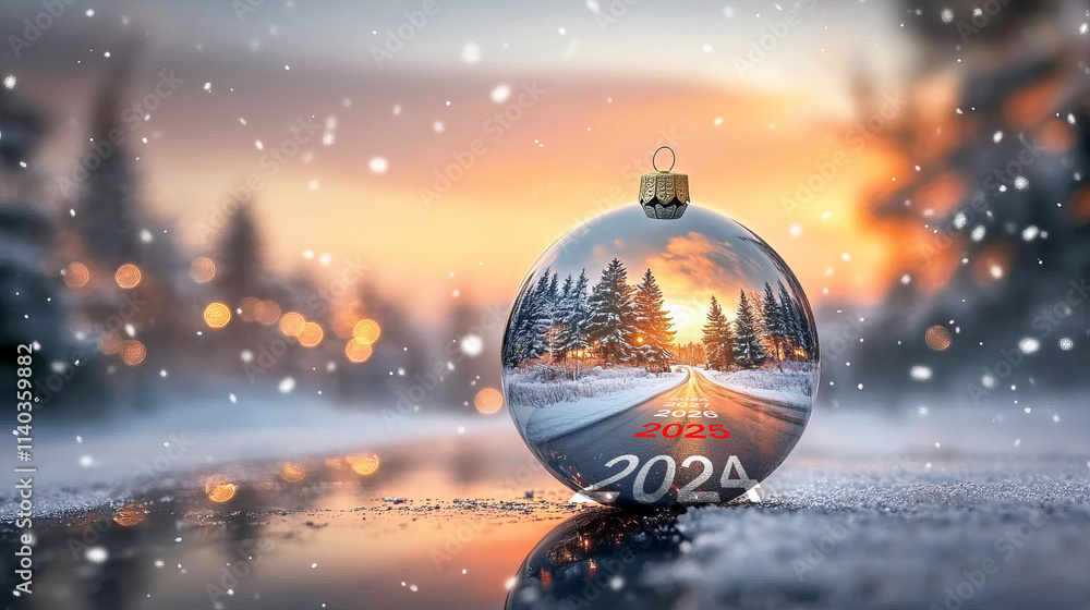 Naklejka premium glass Christmas ornament reflecting a winter landscape