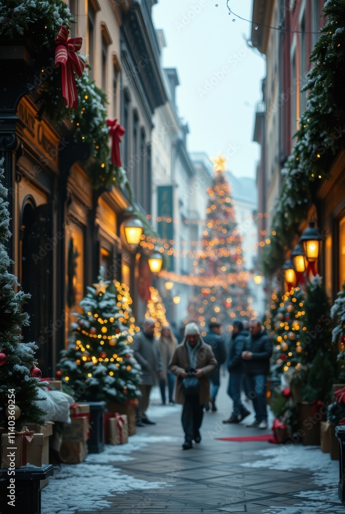 christmas tree in the city street as people walking by christmas tree in the city street as people walking by