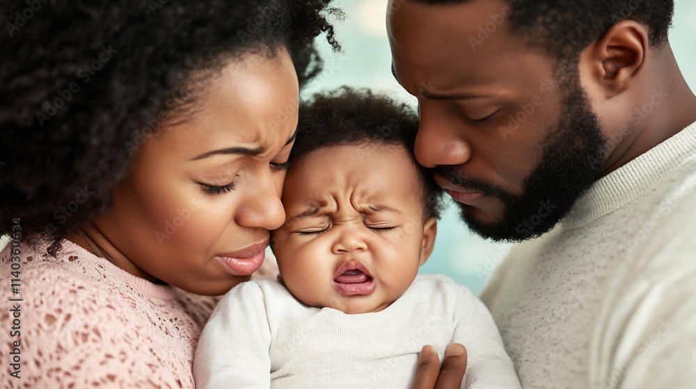 Tender Moment of Comforting a Crying Baby in the Nursery by Loving Parents Tender Moment of Comforting a Crying Baby in the Nursery by Loving Parents