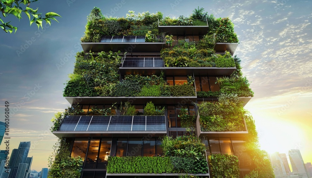 A modern building adorned with lush greenery, showcasing sustainable architecture and a harmonious blend of nature and urban living. A modern building adorned with lush greenery, showcasing sustainable architecture and a harmonious blend of nature and urban living.
