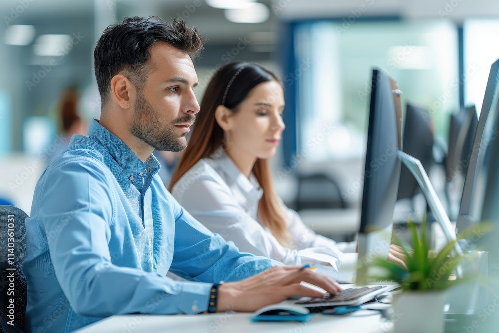 A focused man and woman work on computers in a modern office environment, demonstrating collaboration and productivity. A focused man and woman work on computers in a modern office environment, demonstrating collaboration and productivity.
