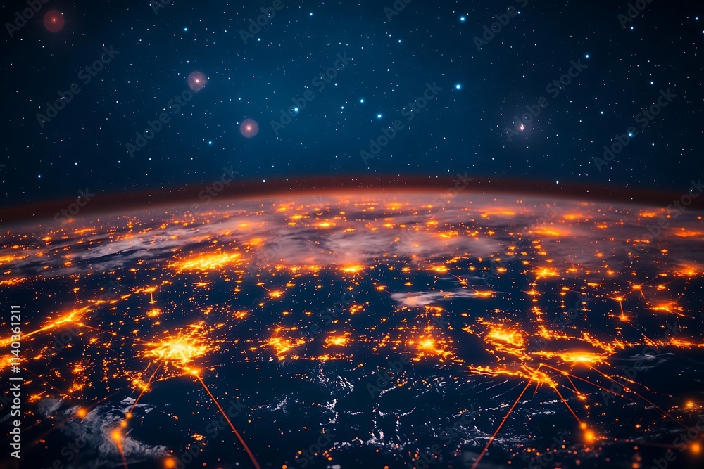 Fototapeta premium Glowing Planet Earth City Lights at Night from Space