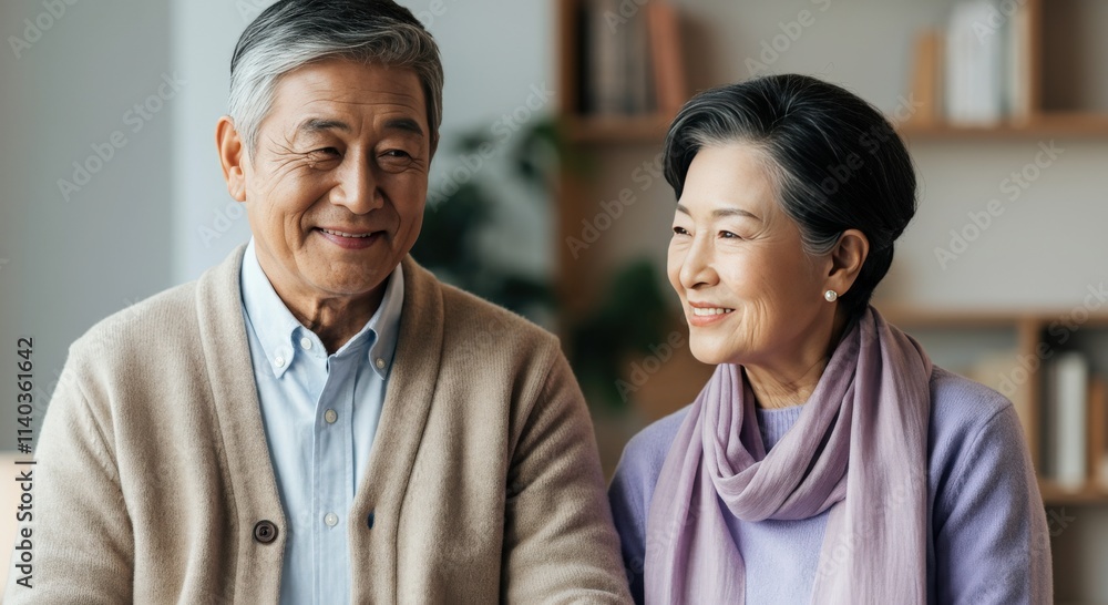 Happy elderly asian couple at home in warm cozy living room setting Happy elderly asian couple at home in warm cozy living room setting