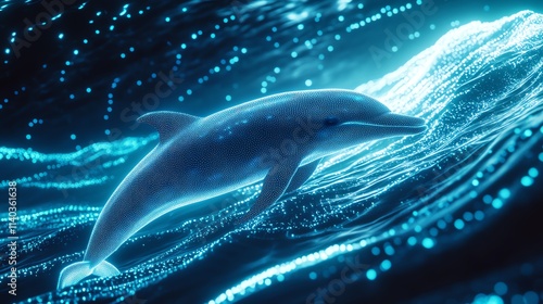 A dolphin swimming in glowing blue waters.