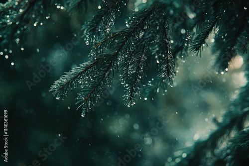 Raincovered pine branch with water droplets glistening in the soft light. photo