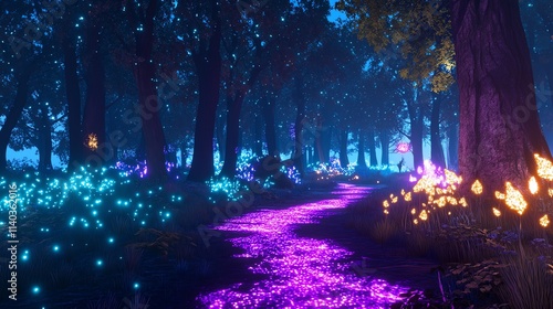 Enchanting illuminated forest pathway at night.