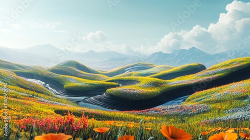 Vibrant rolling hills with blooming flowers.