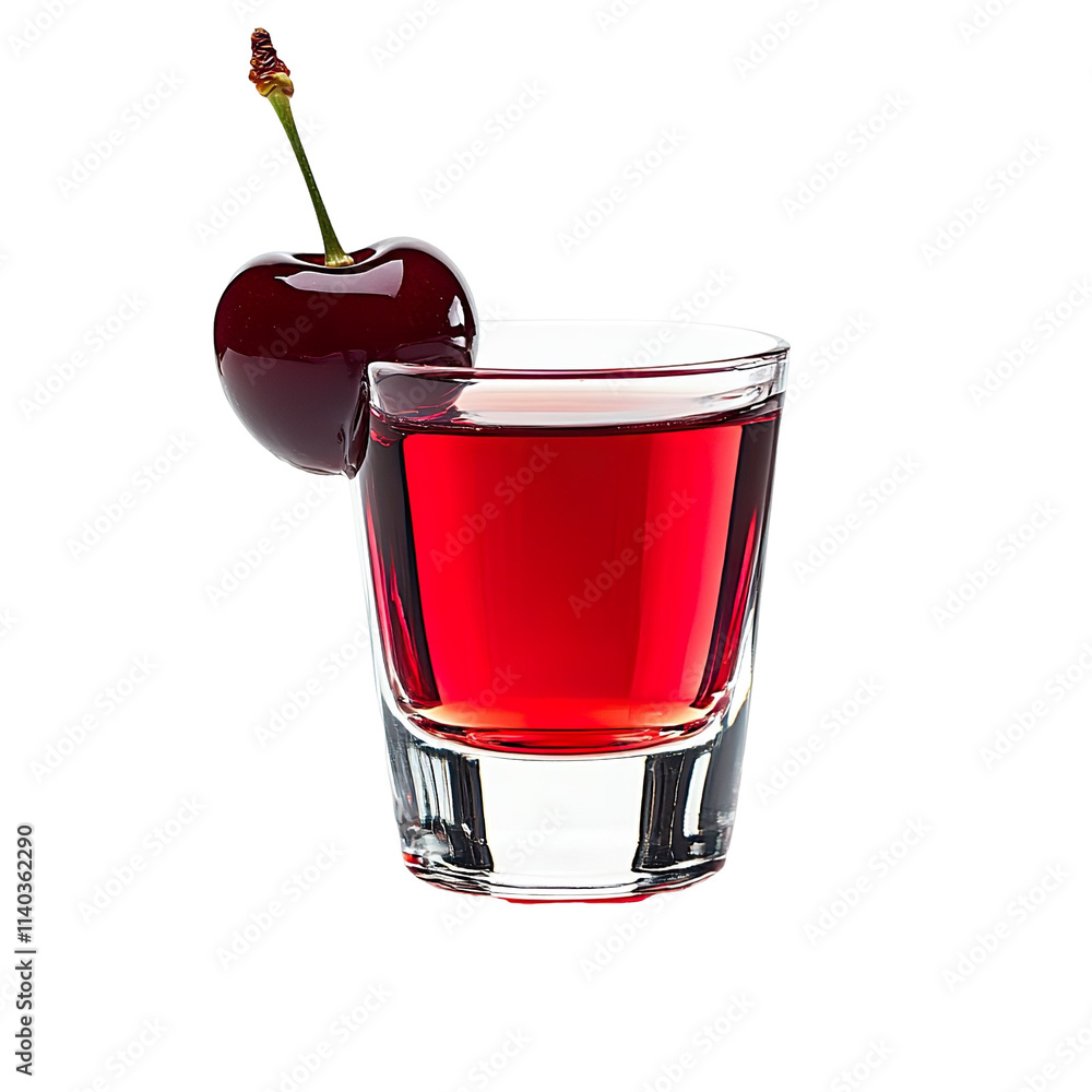 Extreme front view of a perfect looking Cherry Brandy Shot isolated on a white transparent background Extreme front view of a perfect looking Cherry Brandy Shot isolated on a white transparent background