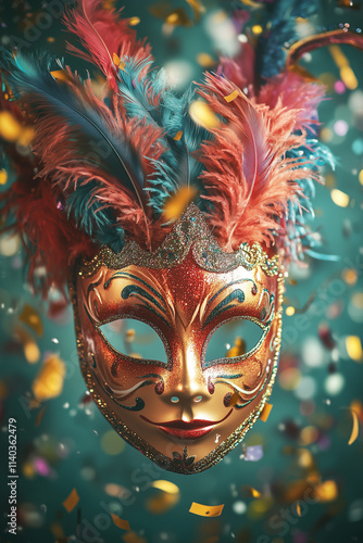 Wallpaper Mural Colorful Carnaval Mask featuring glowing glitter, vibrant feathers, and falling confetti on a bright bokeh background. Ideal for festive advertising, social media promotions, and holiday celebration c Torontodigital.ca