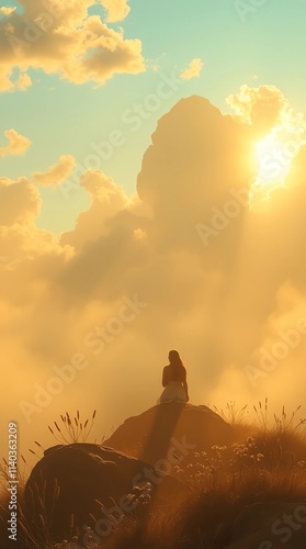 silhouette of person in meditation on a background of clouds, prayer, silhouette of woman  on mountain	