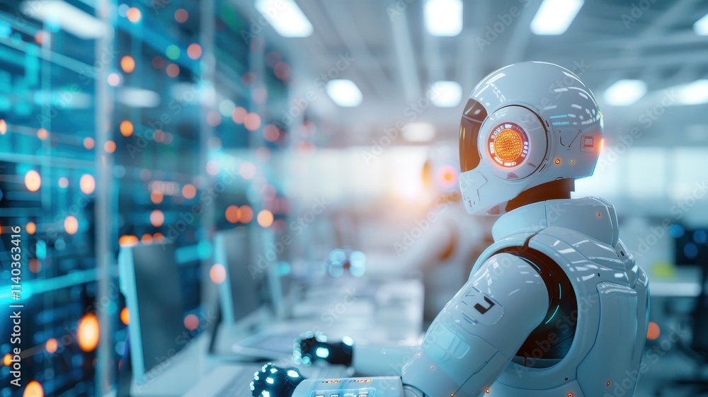 Naklejka premium A futuristic robot monitors data in a high-tech environment filled with glowing screens and digital displays.