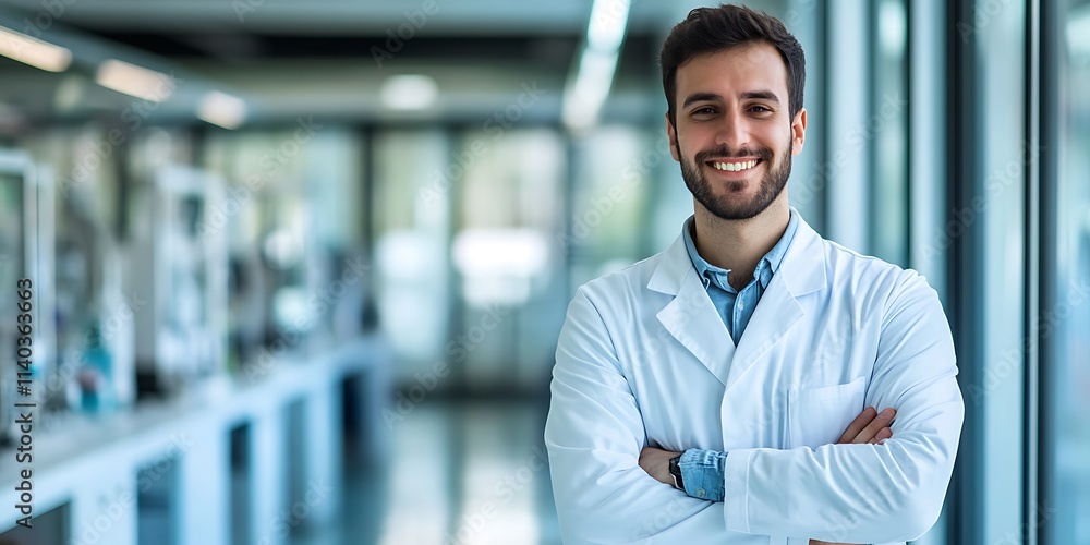 Fototapeta premium Portrait of a bioinformatics scientist standing proudly in a university lab