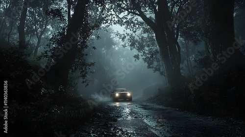 Fototapeta Naklejka Na Ścianę i Meble -  Car driving through a dark forest road illuminated by headlights at night