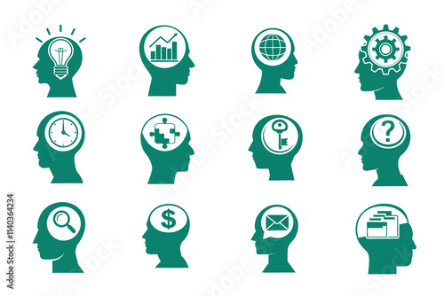 Vector set illustrating the human mind and its creative thinking process, perfect for psychological and innovative themes