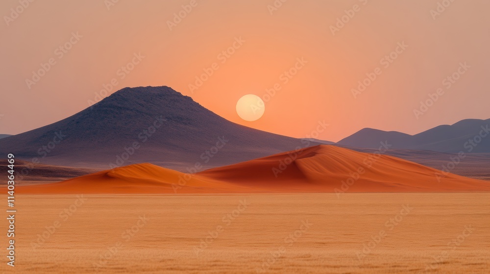 Serene Sunset Over Sand Dunes and Mountain in Desert Landscape Serene Sunset Over Sand Dunes and Mountain in Desert Landscape